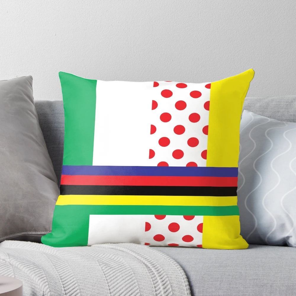 Colorful cycling jerseys pillow featuring popular cycling event logos and designs