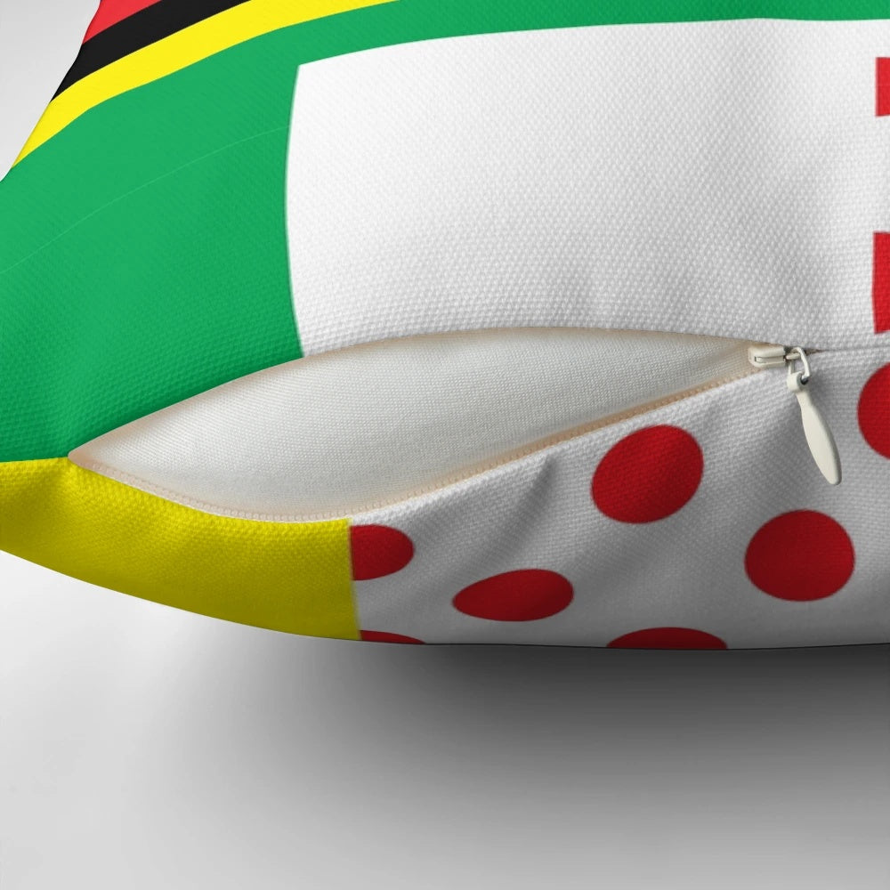 Colorful cycling jerseys pillow featuring popular cycling event logos and designs