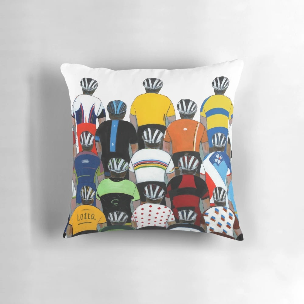 Cycling team inspired pillow featuring pro cycling jersey design