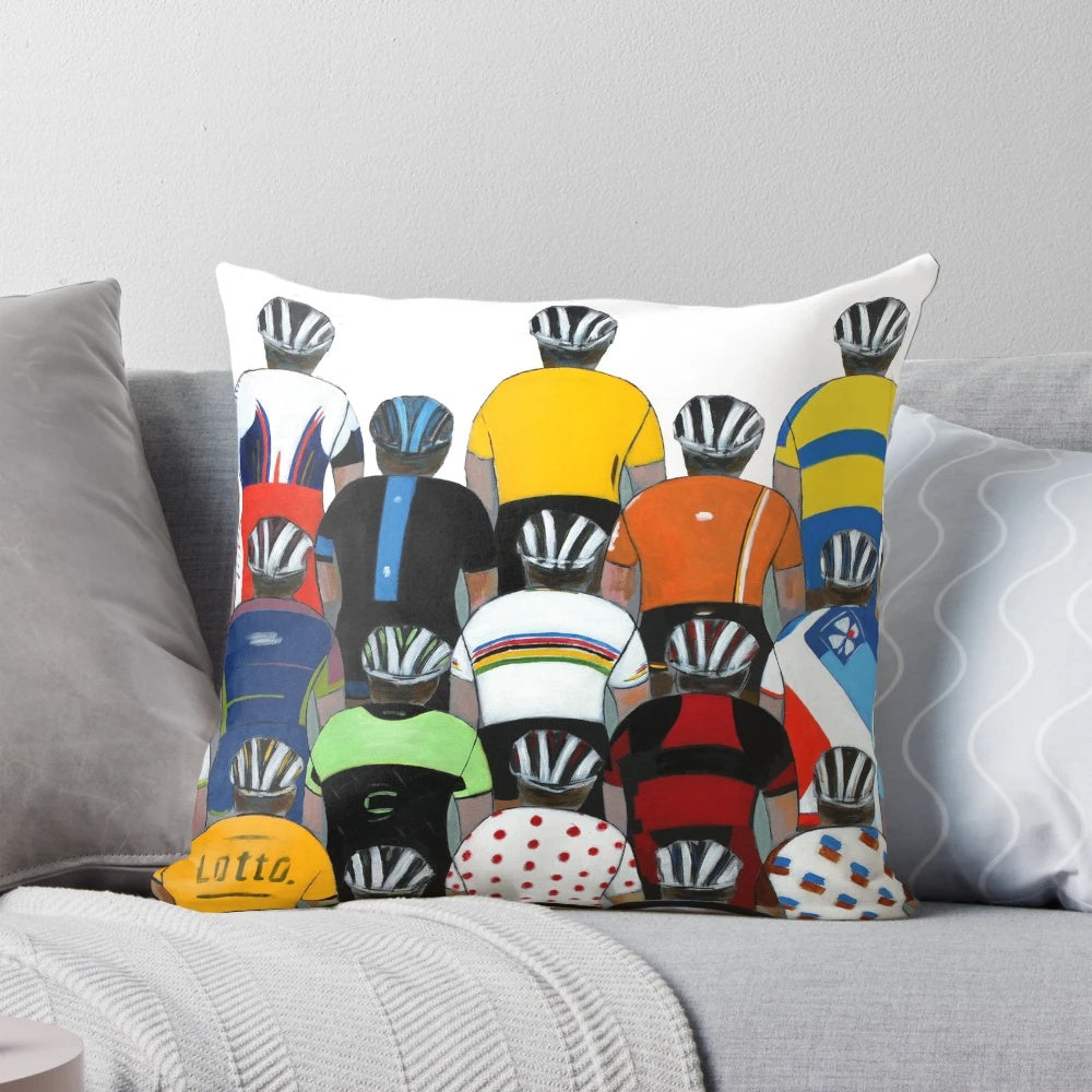 Cycling team inspired pillow featuring pro cycling jersey design