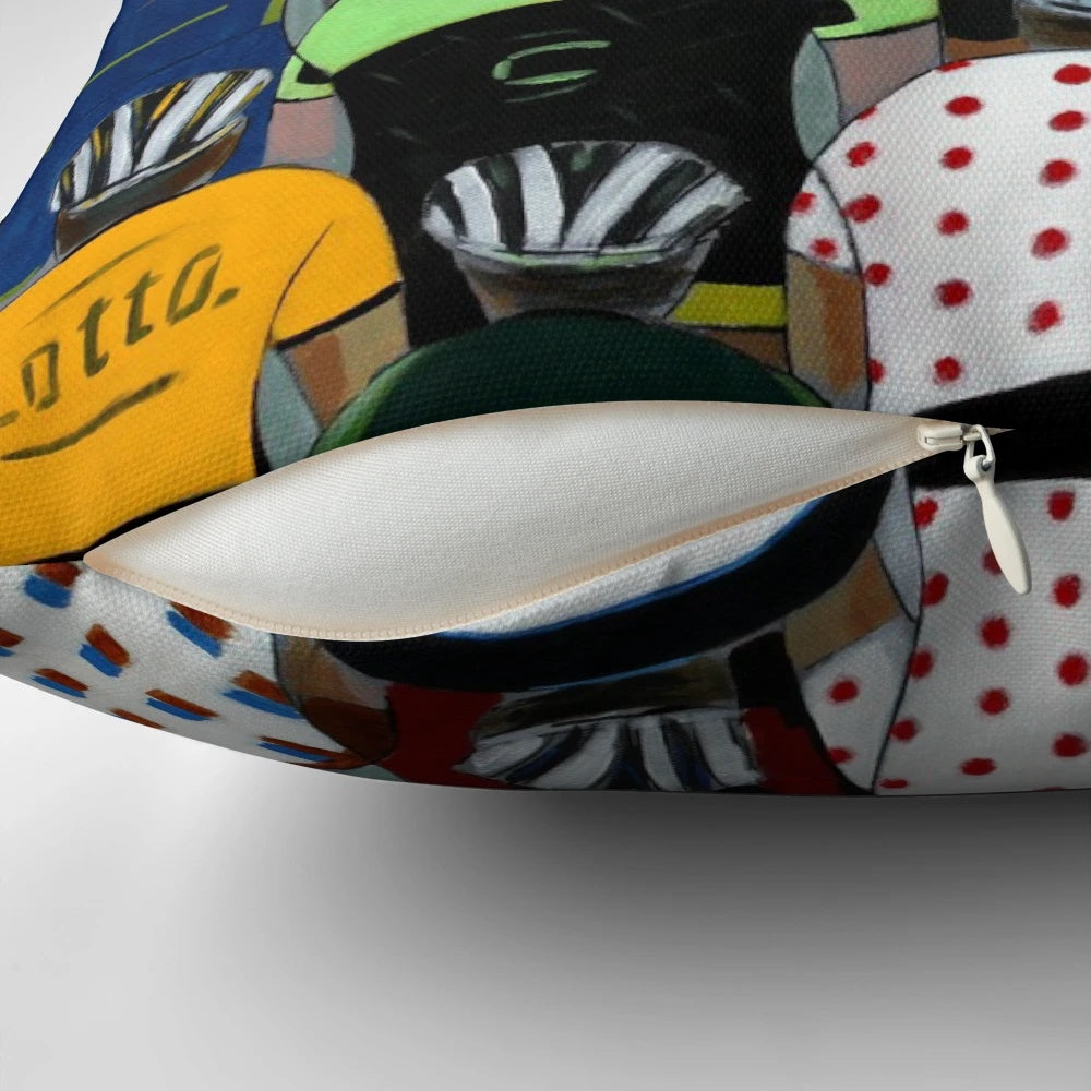 Cycling team inspired pillow featuring pro cycling jersey design