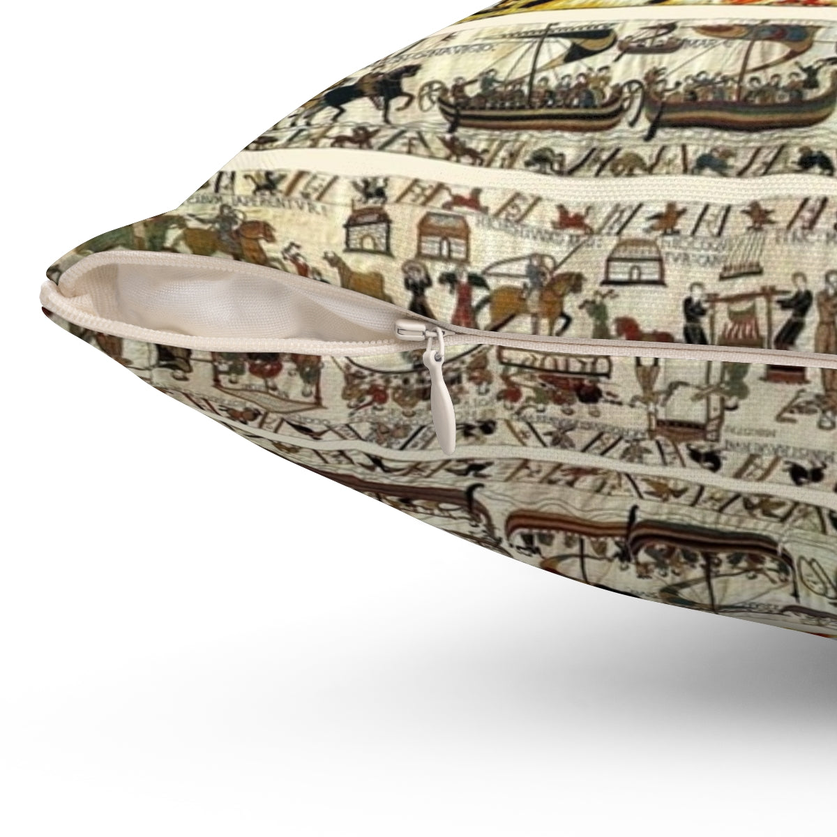 "Decorative medieval-style pillow featuring the iconic Bayeux Tapestry design with Viking ships and scenes from the Norman conquest of England" - Detail