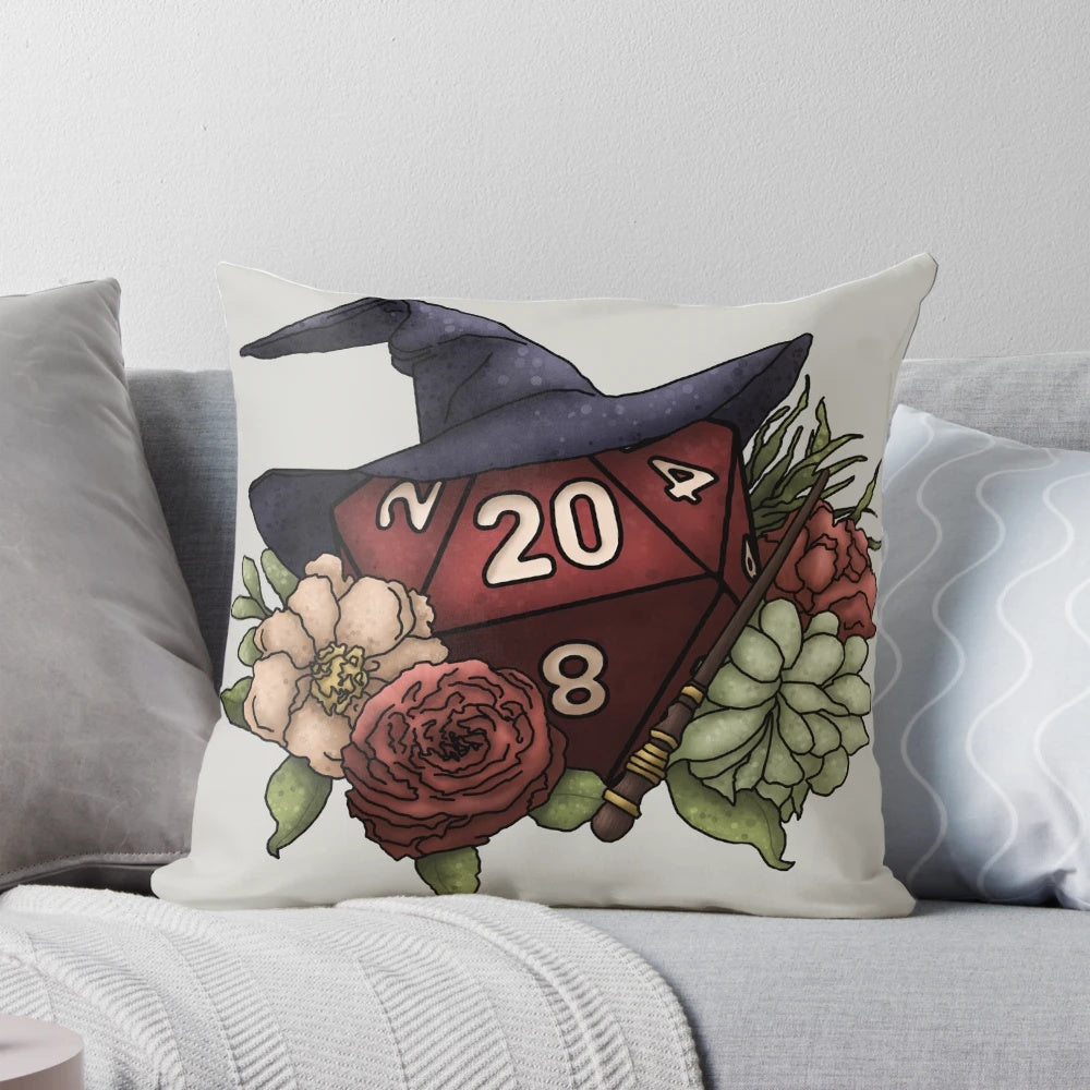 Soft, plush D20 dice pillow with a wizard/magic theme, perfect for tabletop RPG gamers.