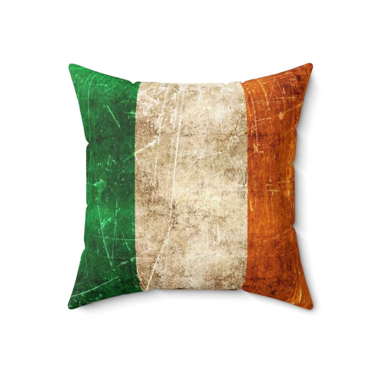 Vintage-style distressed Irish flag printed on a throw pillow - Back