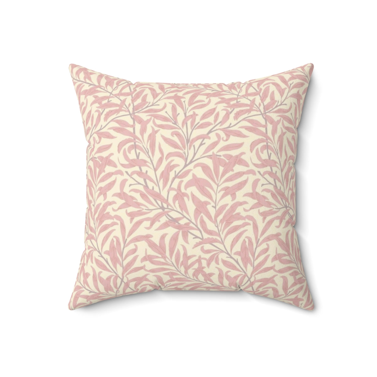 A pink and cream colored throw pillow featuring a vintage-inspired willow bough and leaf pattern, based on the textile designs of William Morris. - Back