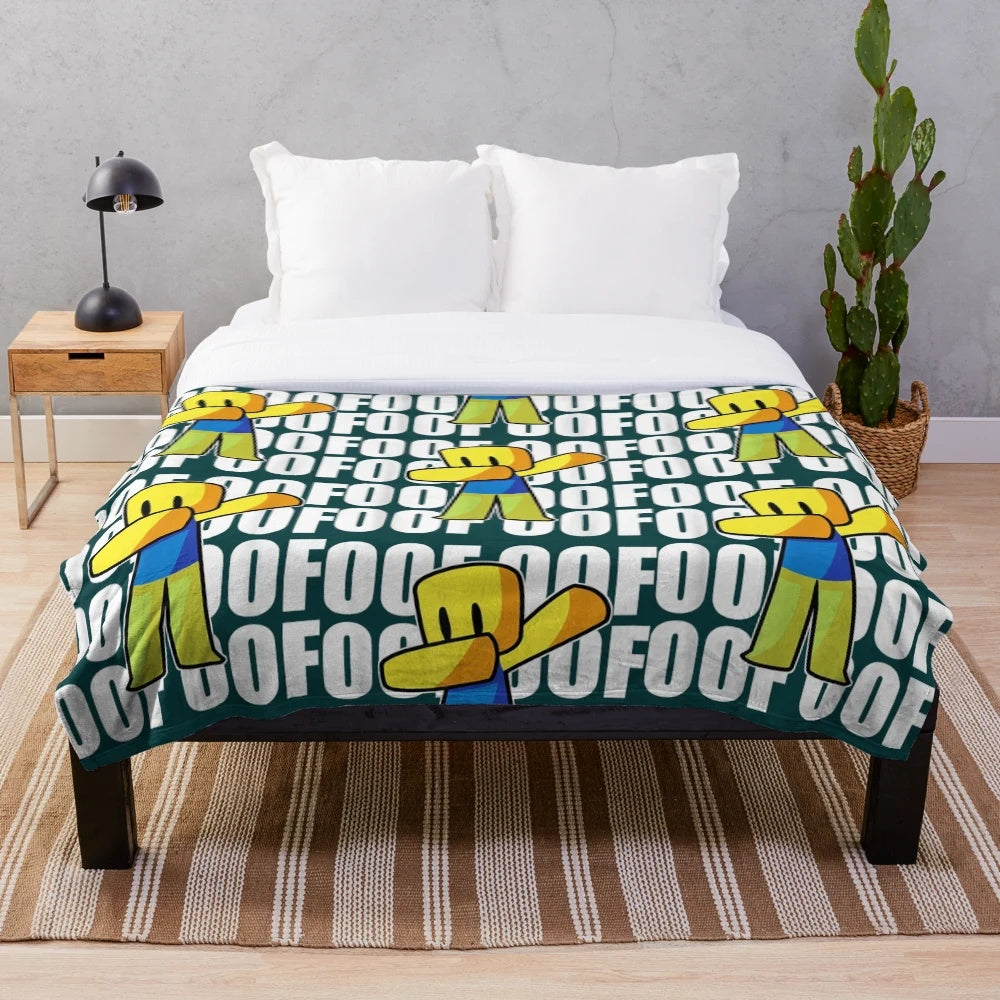 Dabbing plush blanket with meme design featuring roblox and rainbow friends characters