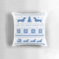 A cozy dachshund Christmas pillow featuring a blue and white holiday pattern, perfect for dog lovers and home decor.