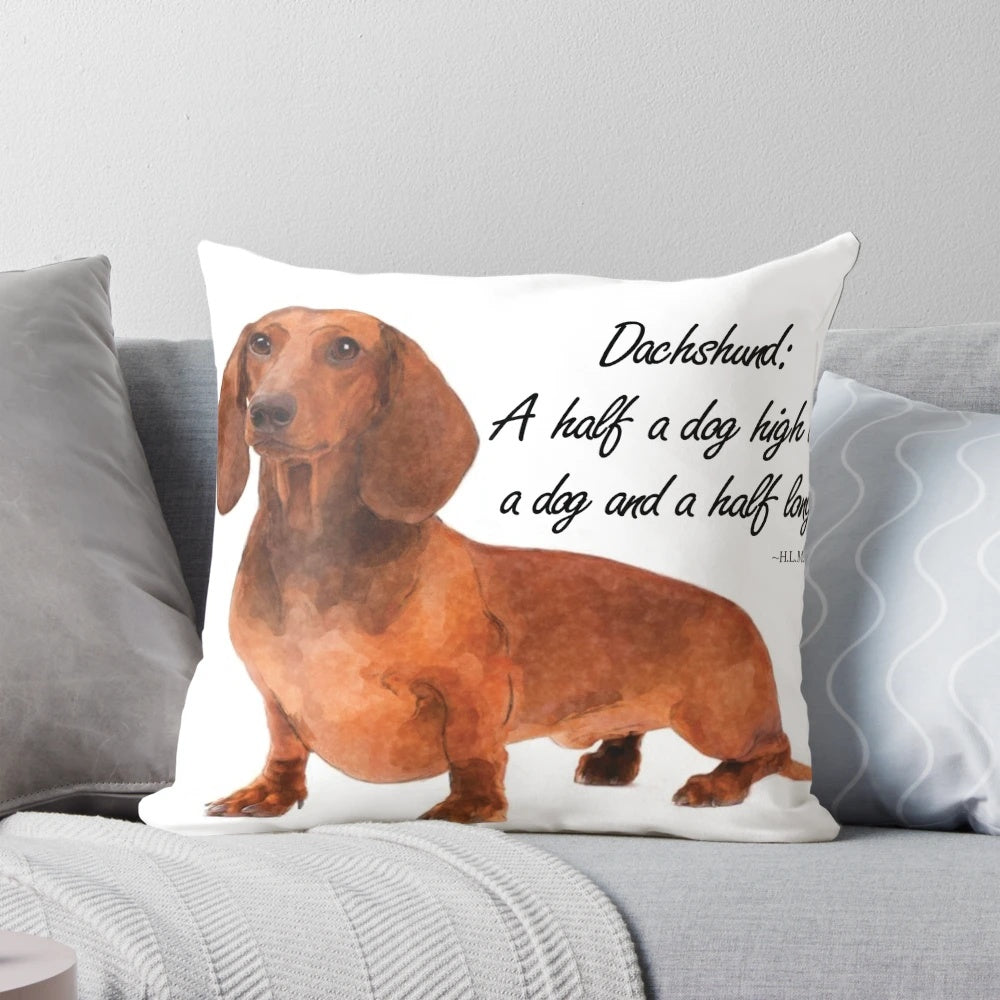 Dachshund-themed decorative pillow with a humorous quote