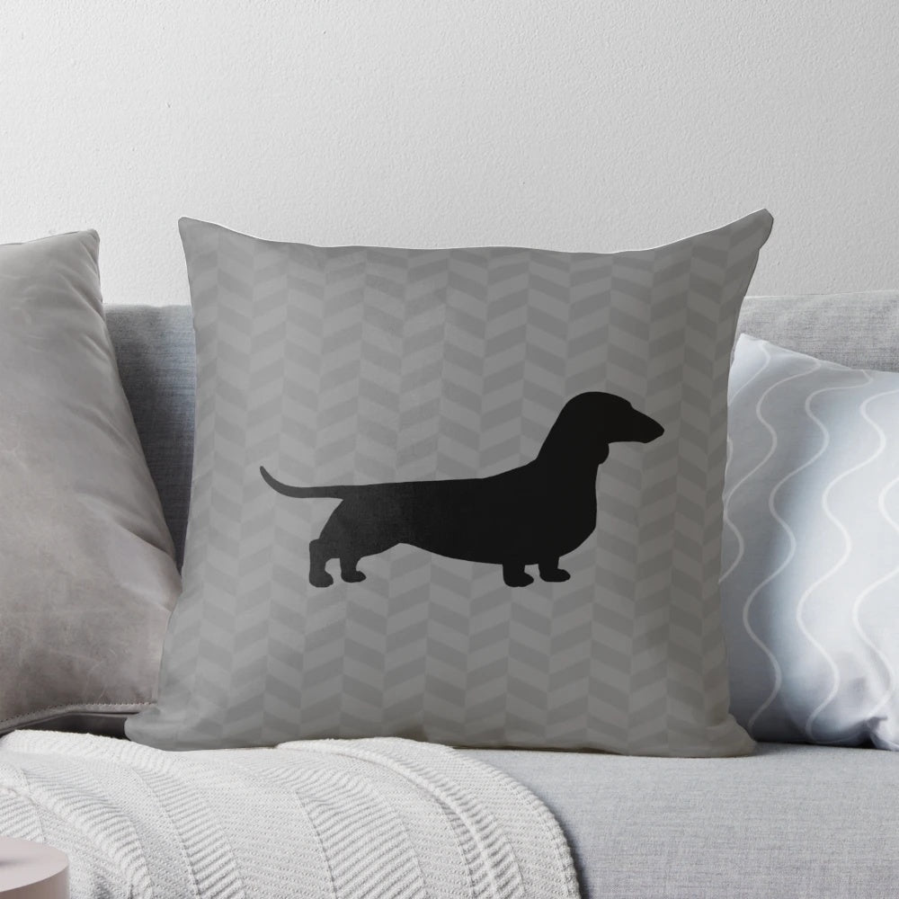 Dachshund dog silhouette printed on a plush, comfortable pillow