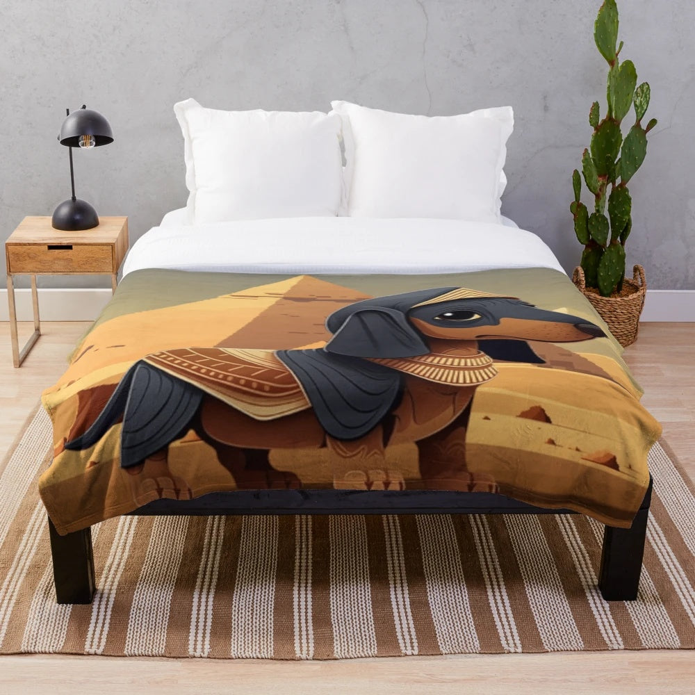 Dachshund plush blanket with Egyptian-inspired design