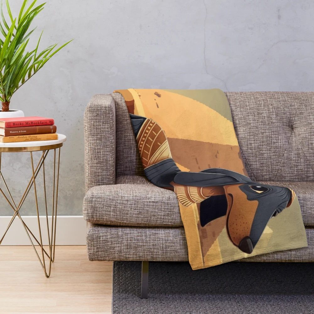 Dachshund plush blanket with Egyptian-inspired design