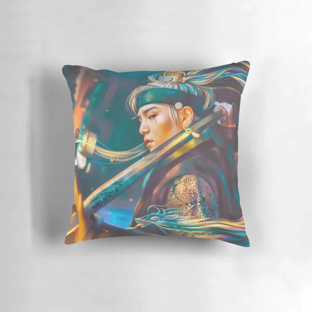Daechwita inspired decorative throw pillow featuring Agust D artwork and Korean design elements.