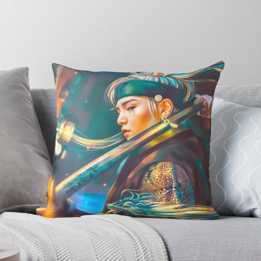 Daechwita inspired decorative throw pillow featuring Agust D artwork and Korean design elements.