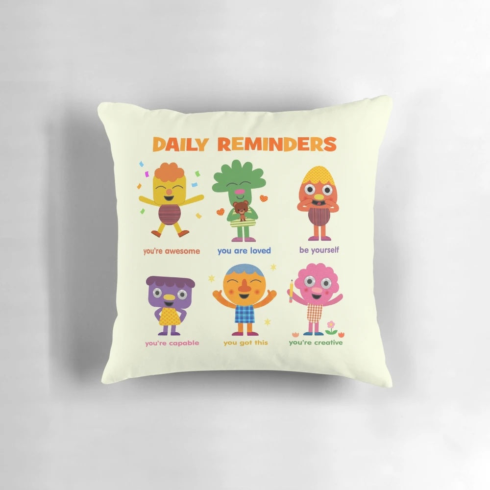 Daily affirmation motivational cushion with feel-good reminders and simple songs