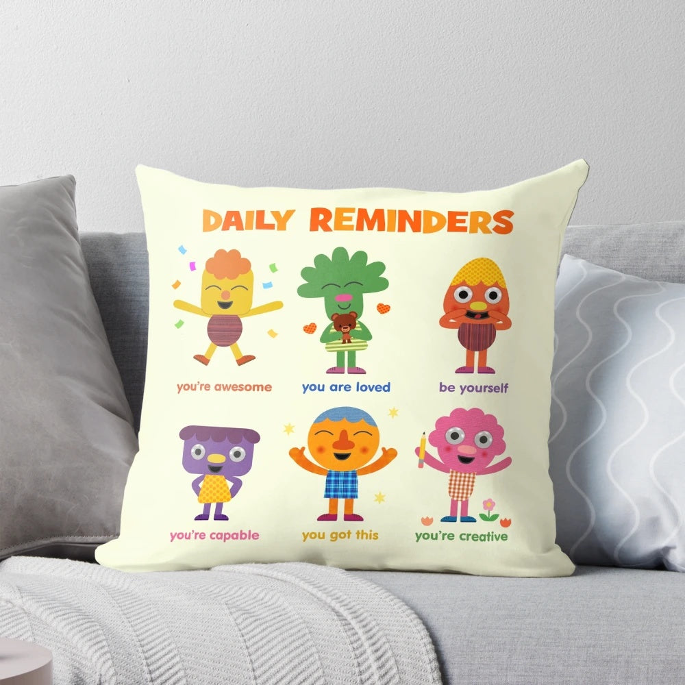 Daily affirmation motivational cushion with feel-good reminders and simple songs