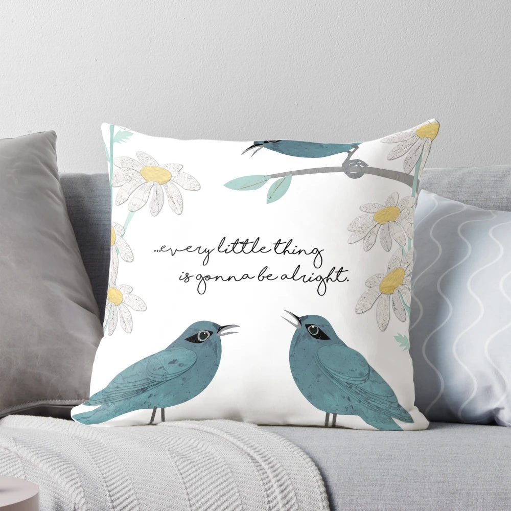 Throw pillow featuring a collage design with daisies, birds, and inspirational lyrics