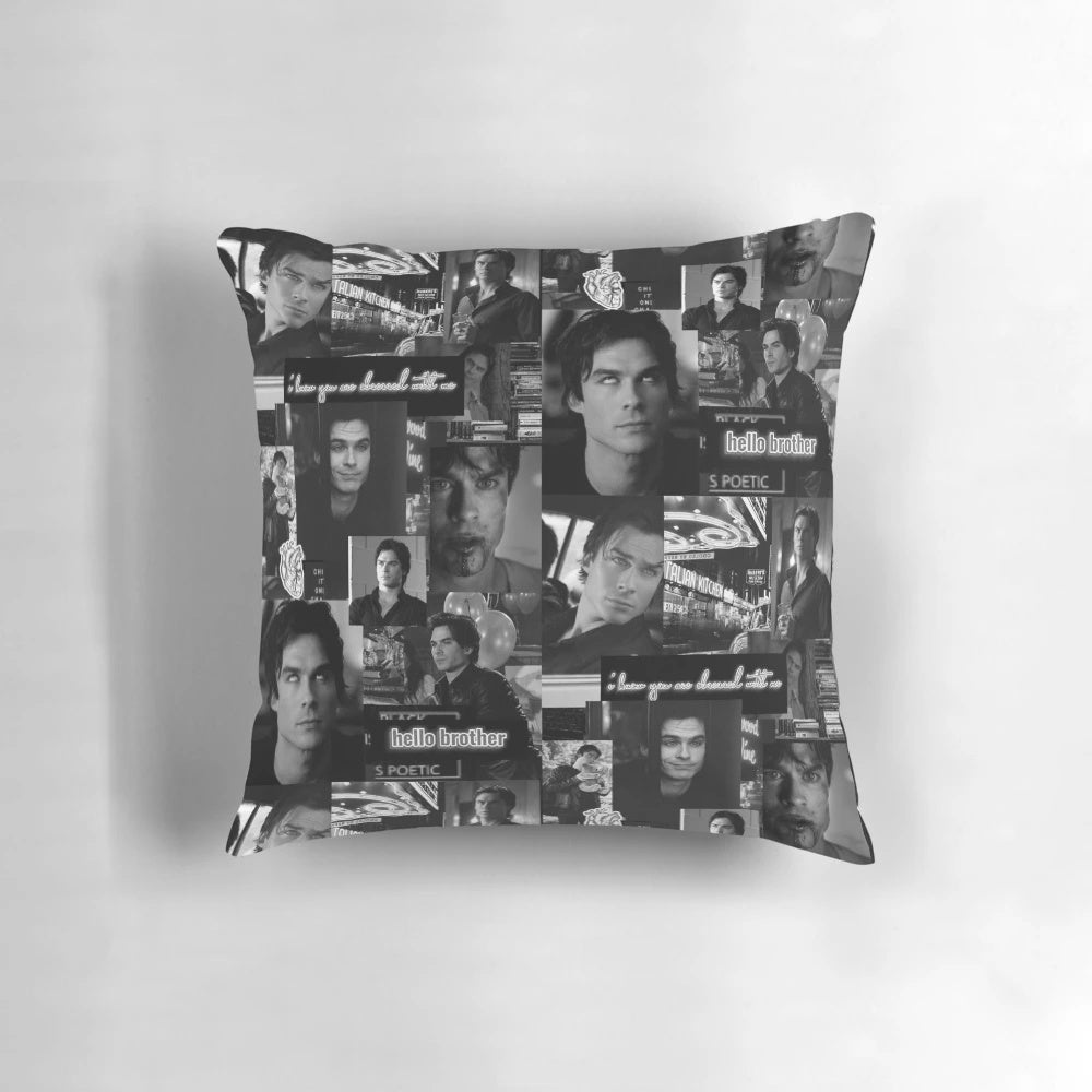 Damon-themed black and white collage design throw pillow
