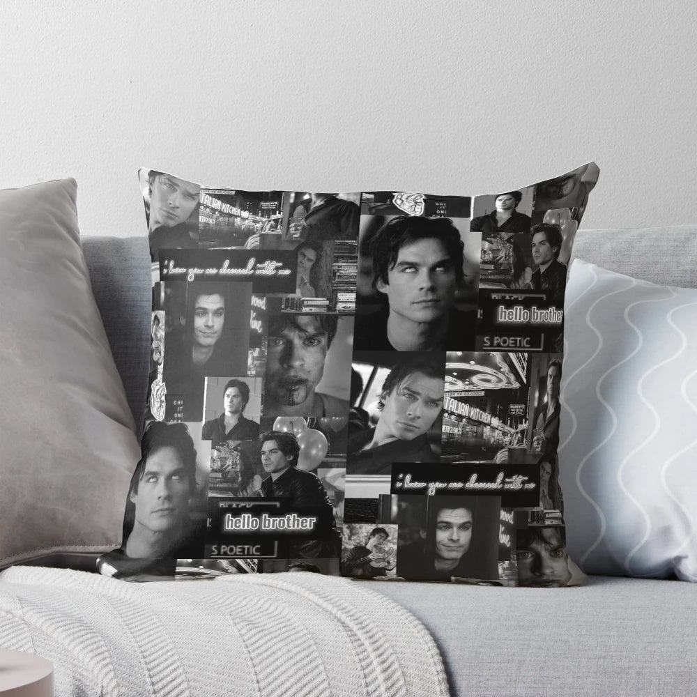 Damon-themed black and white collage design throw pillow