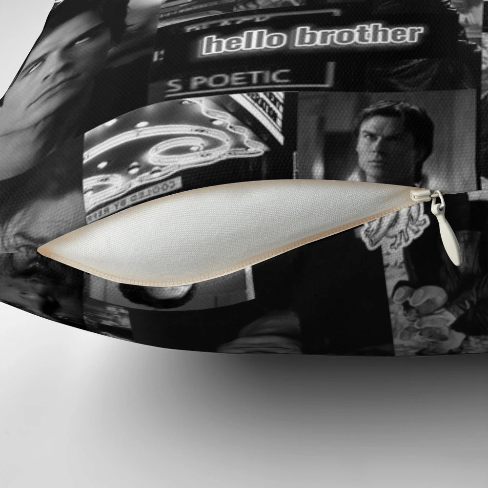 Damon-themed black and white collage design throw pillow