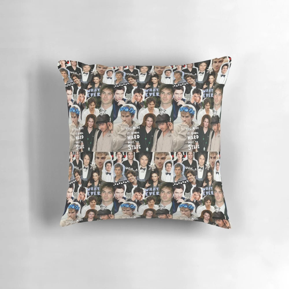 Damon Salvatore inspired collage design printed on a soft, high-quality pillow