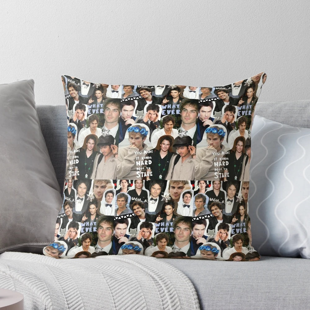 Damon Salvatore inspired collage design printed on a soft, high-quality pillow