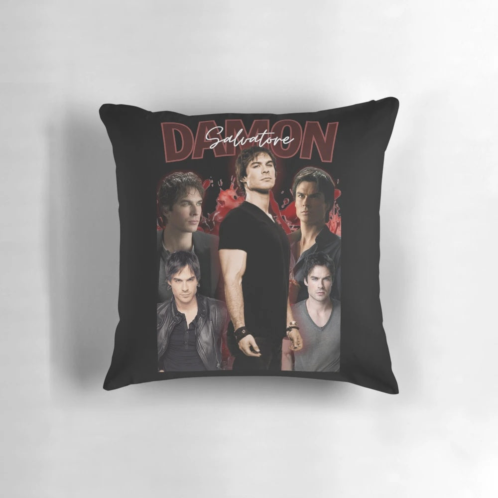 Damon Salvatore, the iconic vampire from The Vampire Diaries, printed on a plush and comfortable pillow.