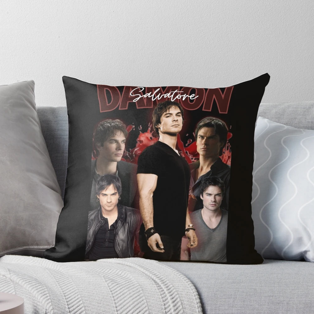 Damon Salvatore, the iconic vampire from The Vampire Diaries, printed on a plush and comfortable pillow.