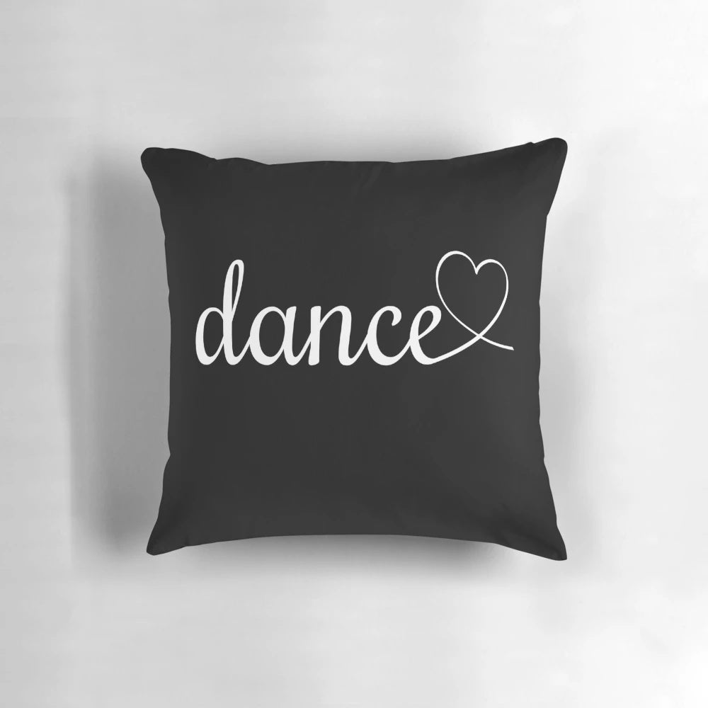A cozy dance-themed throw pillow featuring the text "I Love Dance