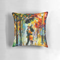 Colorful Leonid Afremov painting of people dancing under the rain in a night city scene, printed on a soft pillow.