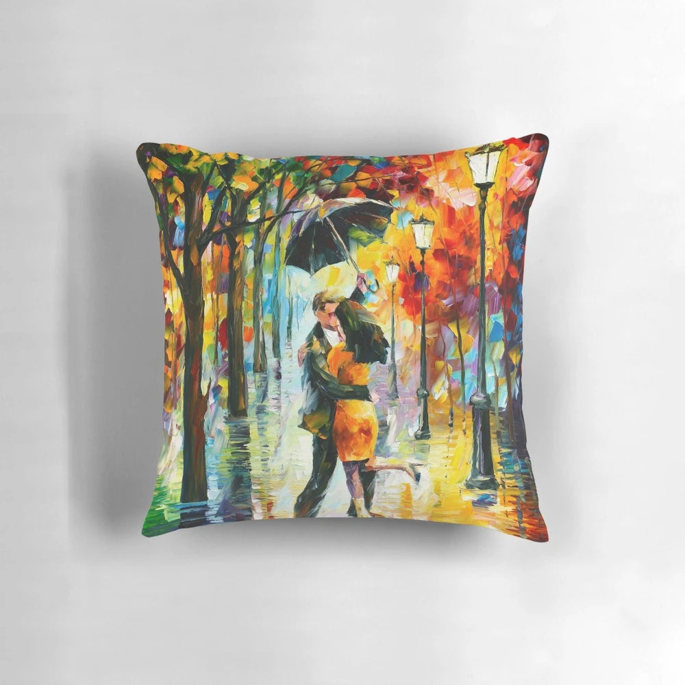 Colorful Leonid Afremov painting of people dancing under the rain in a night city scene, printed on a soft pillow.