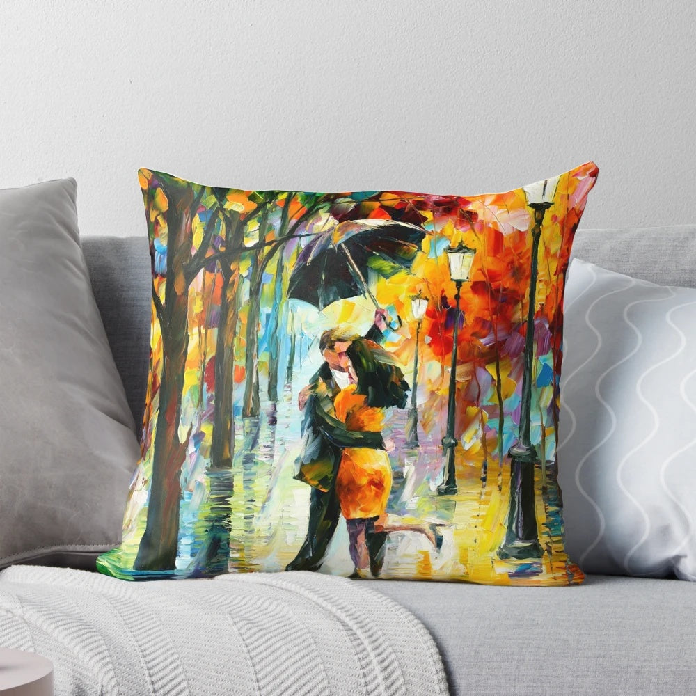Colorful Leonid Afremov painting of people dancing under the rain in a night city scene, printed on a soft pillow.