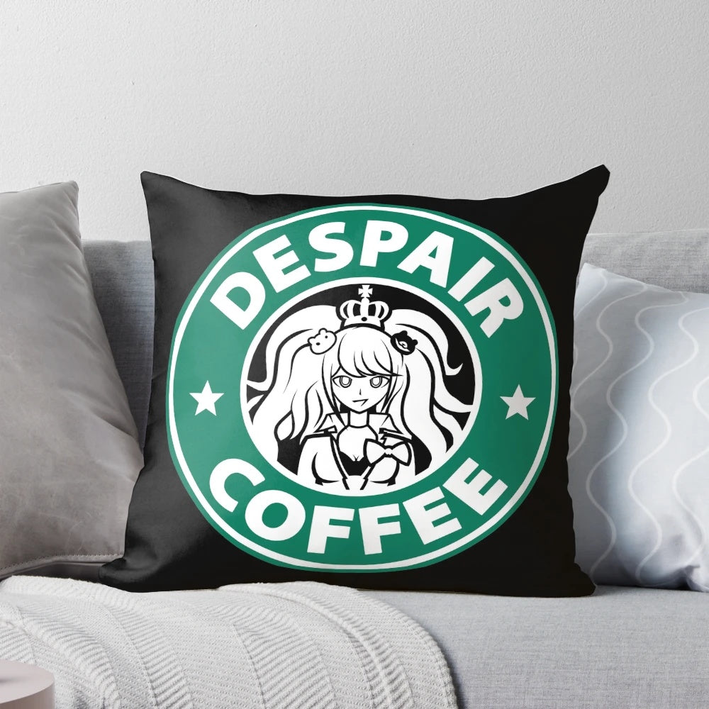 Danganronpa Despair Coffee Pillow featuring Junko Enoshima and Monokuma characters