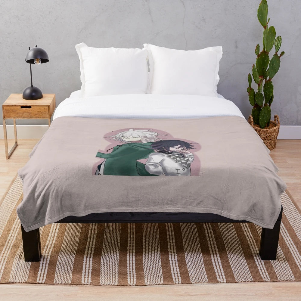 Danganronpa inspired plush blanket featuring Komaeda Nagito and Kokichi characters