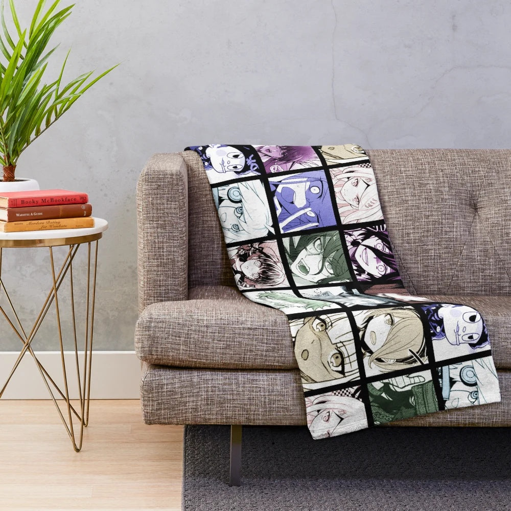 Danganronpa V3 inspired plush blanket featuring vibrant manga characters