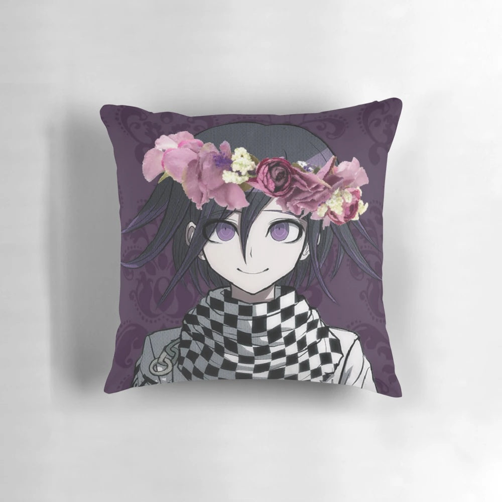 Kokichi Ouma, the Ultimate Liar from Danganronpa V3, featured on a plush pillow with a purple color scheme and a flower crown.