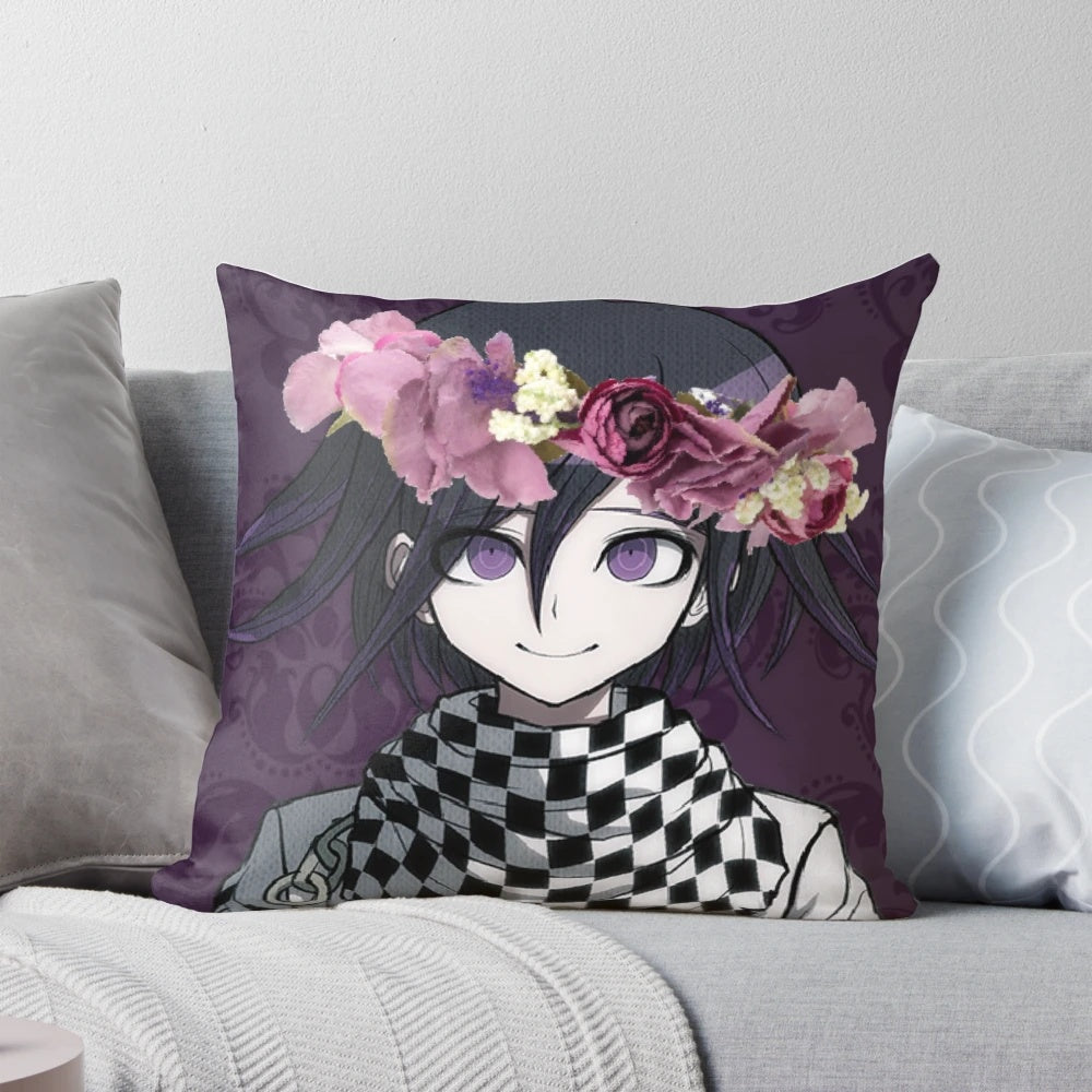 Kokichi Ouma, the Ultimate Liar from Danganronpa V3, featured on a plush pillow with a purple color scheme and a flower crown.