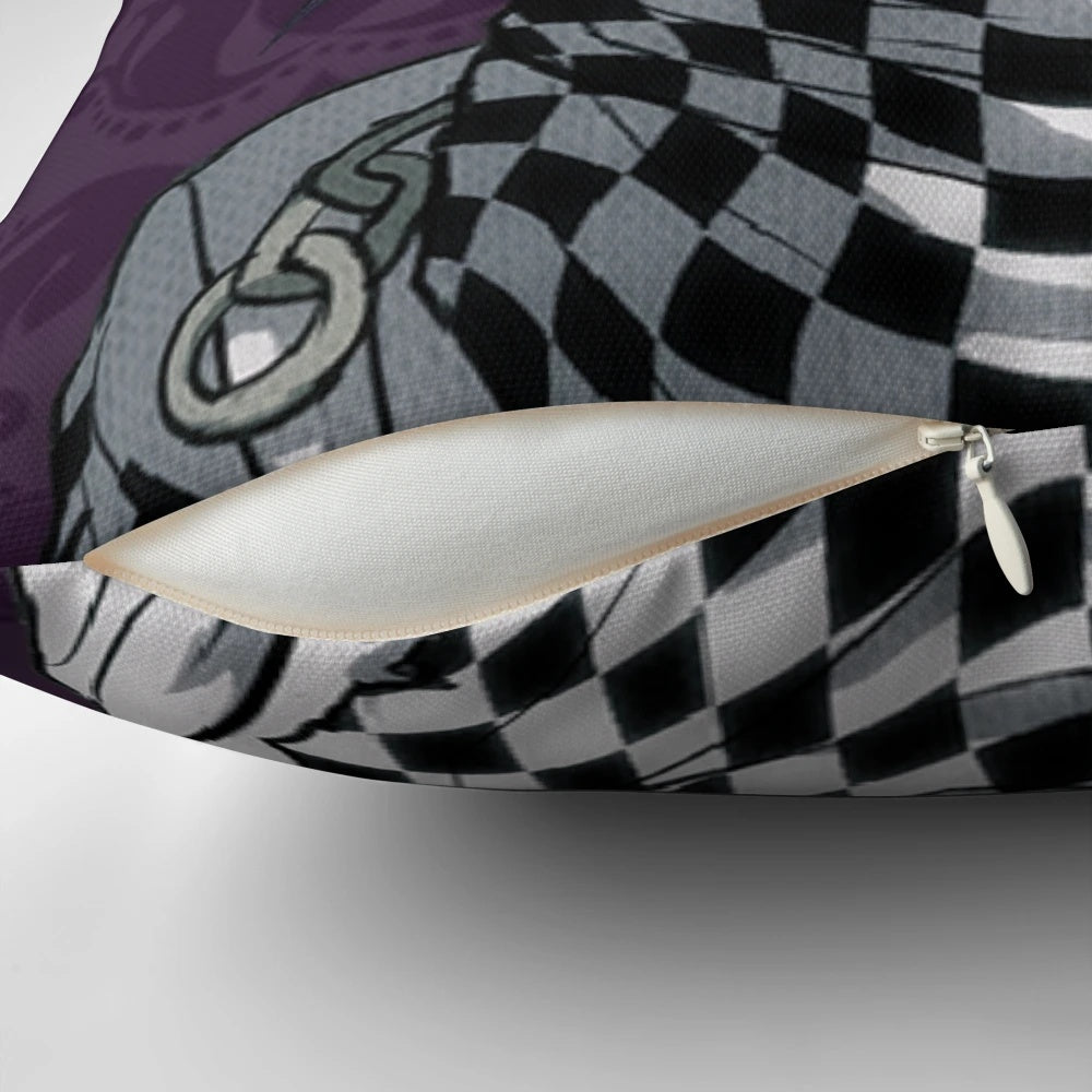 Kokichi Ouma, the Ultimate Liar from Danganronpa V3, featured on a plush pillow with a purple color scheme and a flower crown.