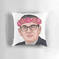A decorative pillow featuring a flower crown design and the image of Daniel Andrews, the Premier of Victoria, Australia.