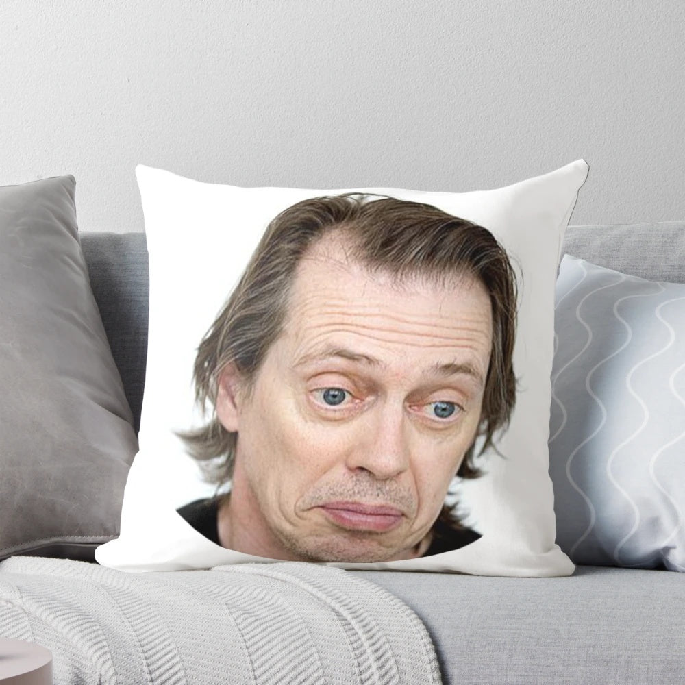 Pillow featuring a humorous Steve Buscemi meme design