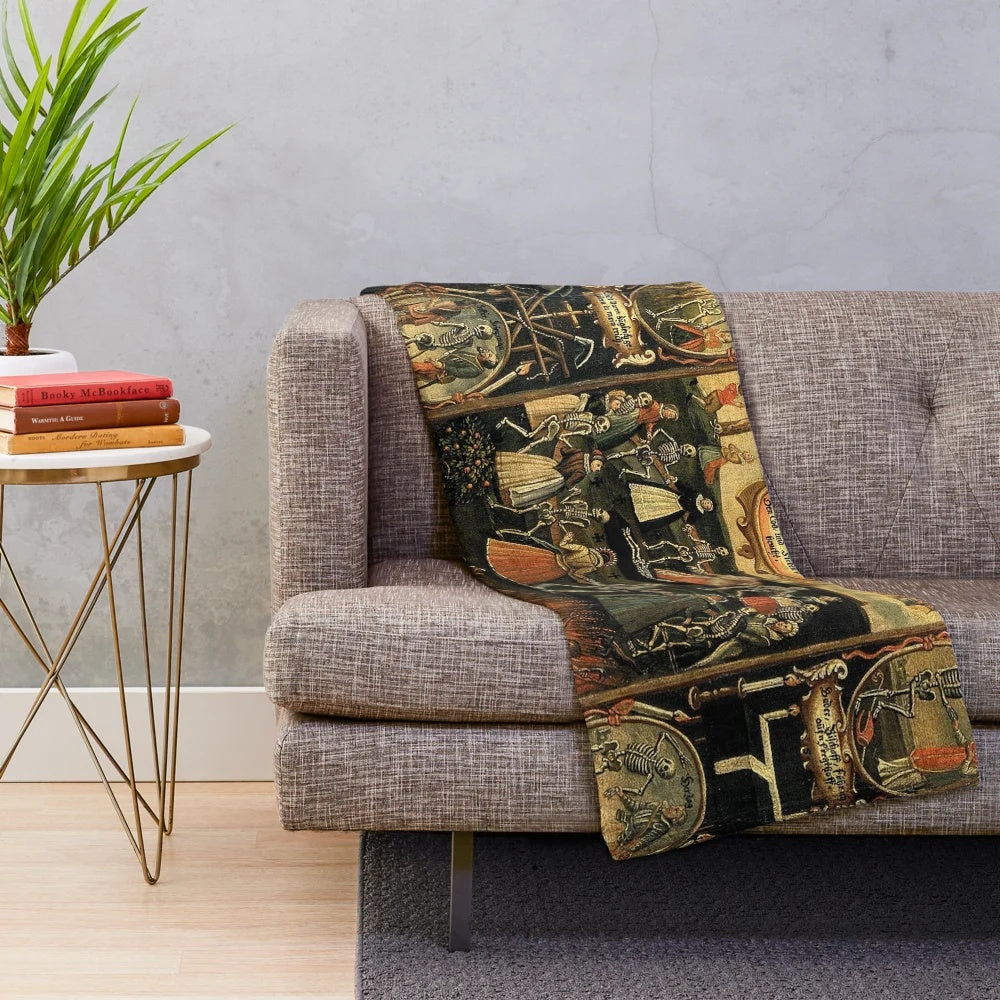 Danse Macabre inspired plush blanket with medieval and Victorian morbid imagery of skeletons and skulls