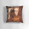 Detailed image of Dante Gabriel Rossetti's "Joan of Arc" painting printed on a decorative throw pillow