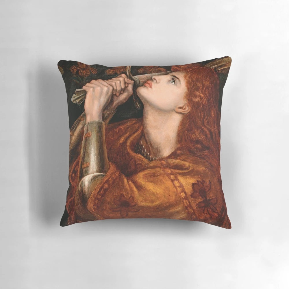 Detailed image of Dante Gabriel Rossetti's "Joan of Arc" painting printed on a decorative throw pillow