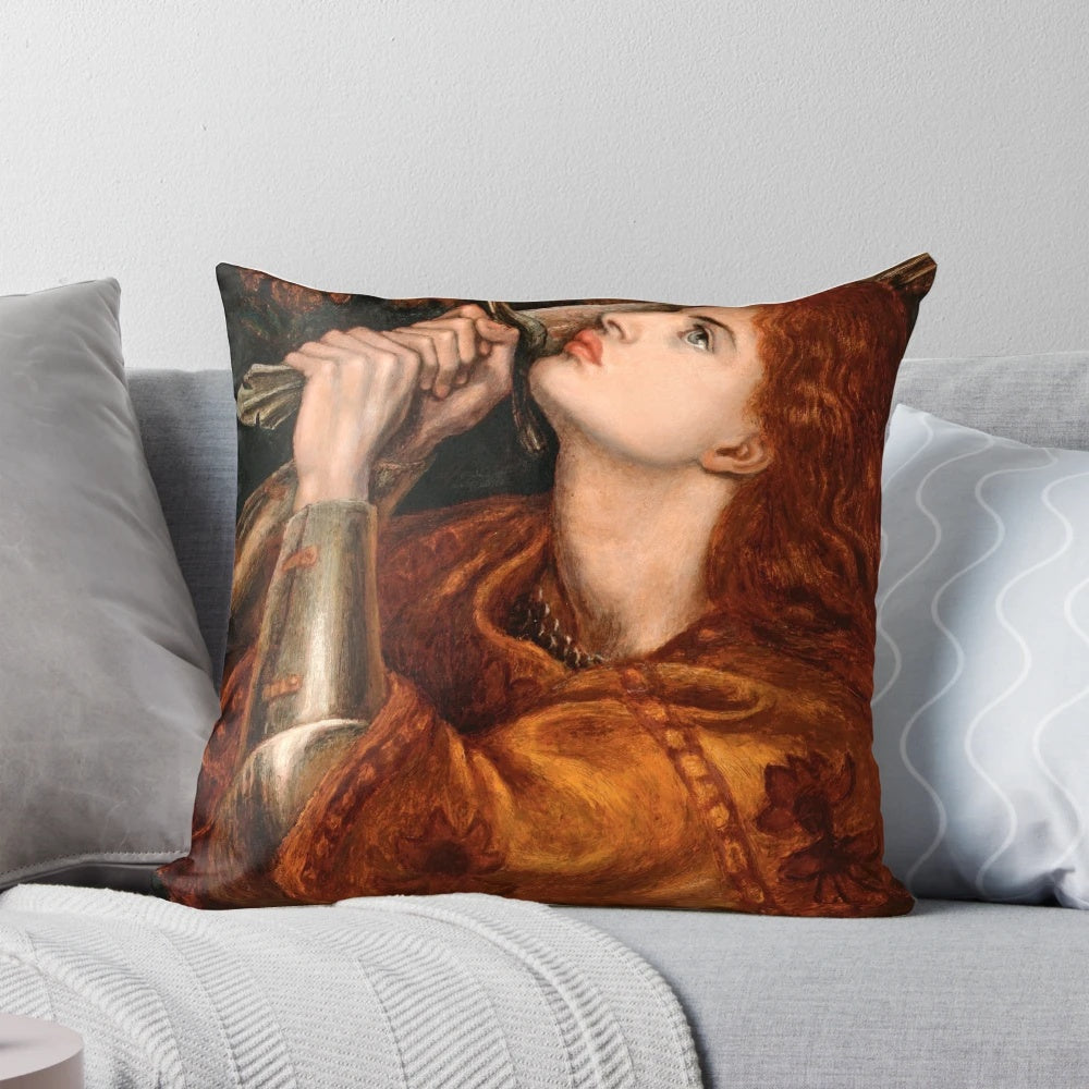 Detailed image of Dante Gabriel Rossetti's "Joan of Arc" painting printed on a decorative throw pillow