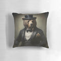 A whimsical bear portrait art pillow featuring a dapper bear in a suit and top hat, surrounded by confetti.