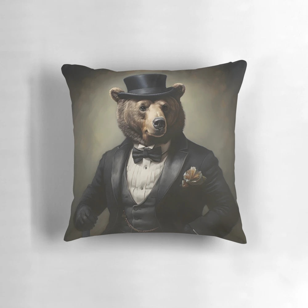 A whimsical bear portrait art pillow featuring a dapper bear in a suit and top hat, surrounded by confetti.