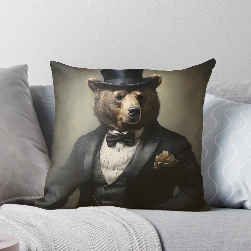 A whimsical bear portrait art pillow featuring a dapper bear in a suit and top hat, surrounded by confetti.