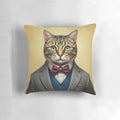 A decorative pillow featuring a cat wearing a stylish suit, a humorous and unique addition to any home.