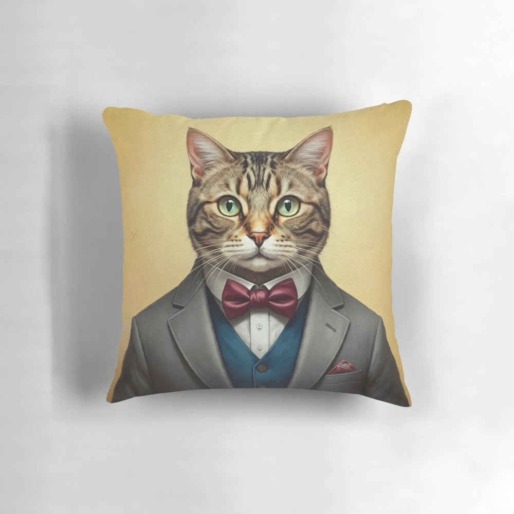 A decorative pillow featuring a cat wearing a stylish suit, a humorous and unique addition to any home.