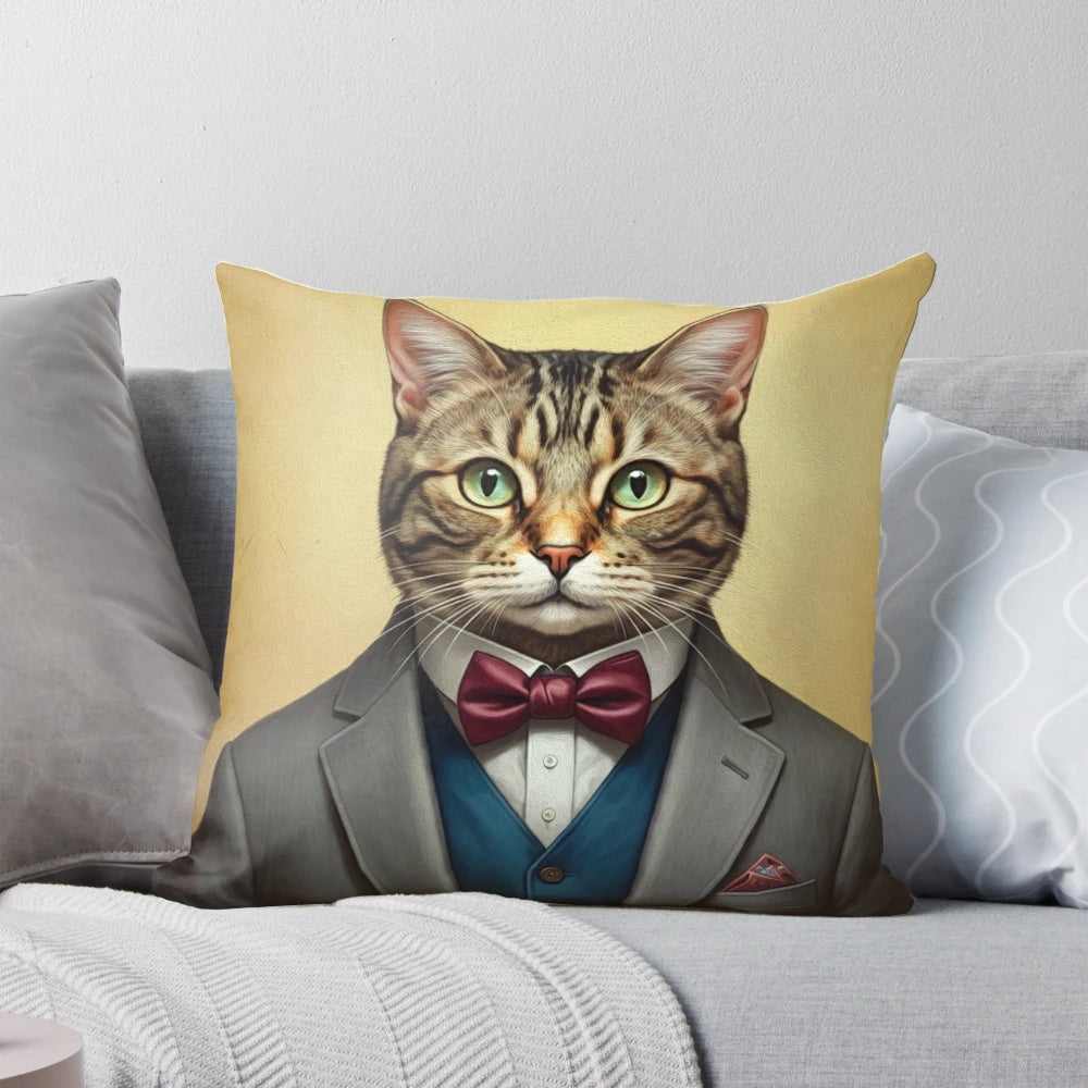A decorative pillow featuring a cat wearing a stylish suit, a humorous and unique addition to any home.