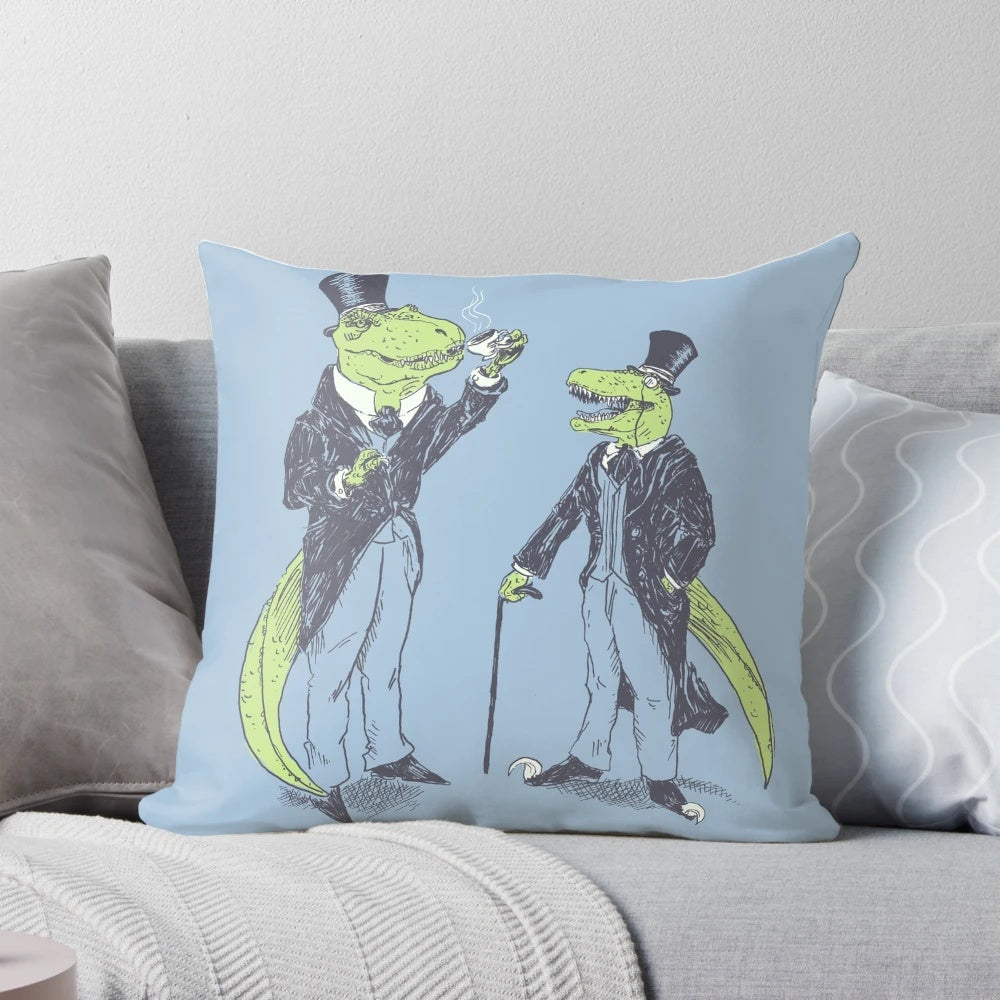 Plush pillows featuring a T-Rex and Velociraptor wearing suits, monocles, and holding tea canes.